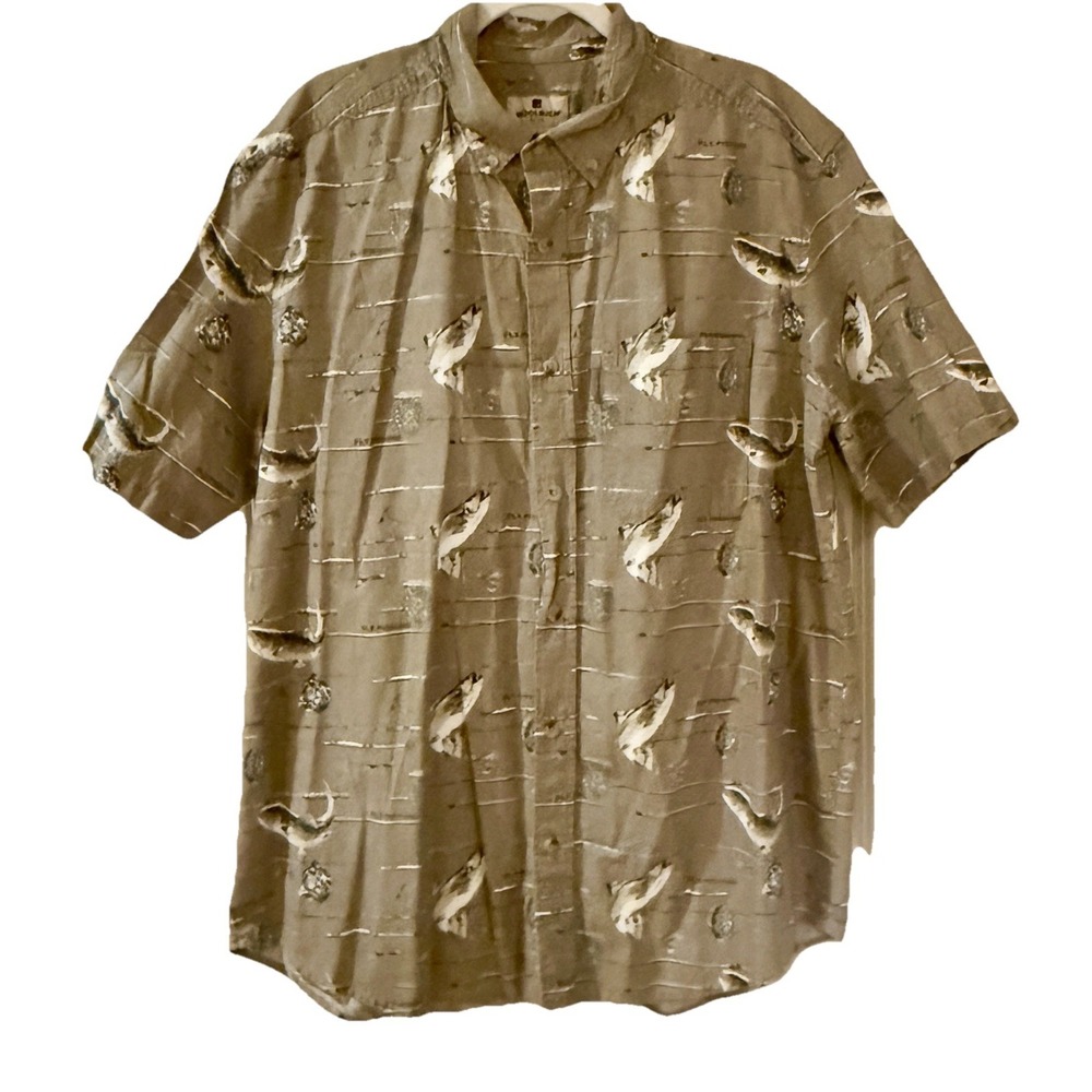 Woolrich Shirt Mens XL Short Sleeve Button Down Fly Fishing Fish Tan